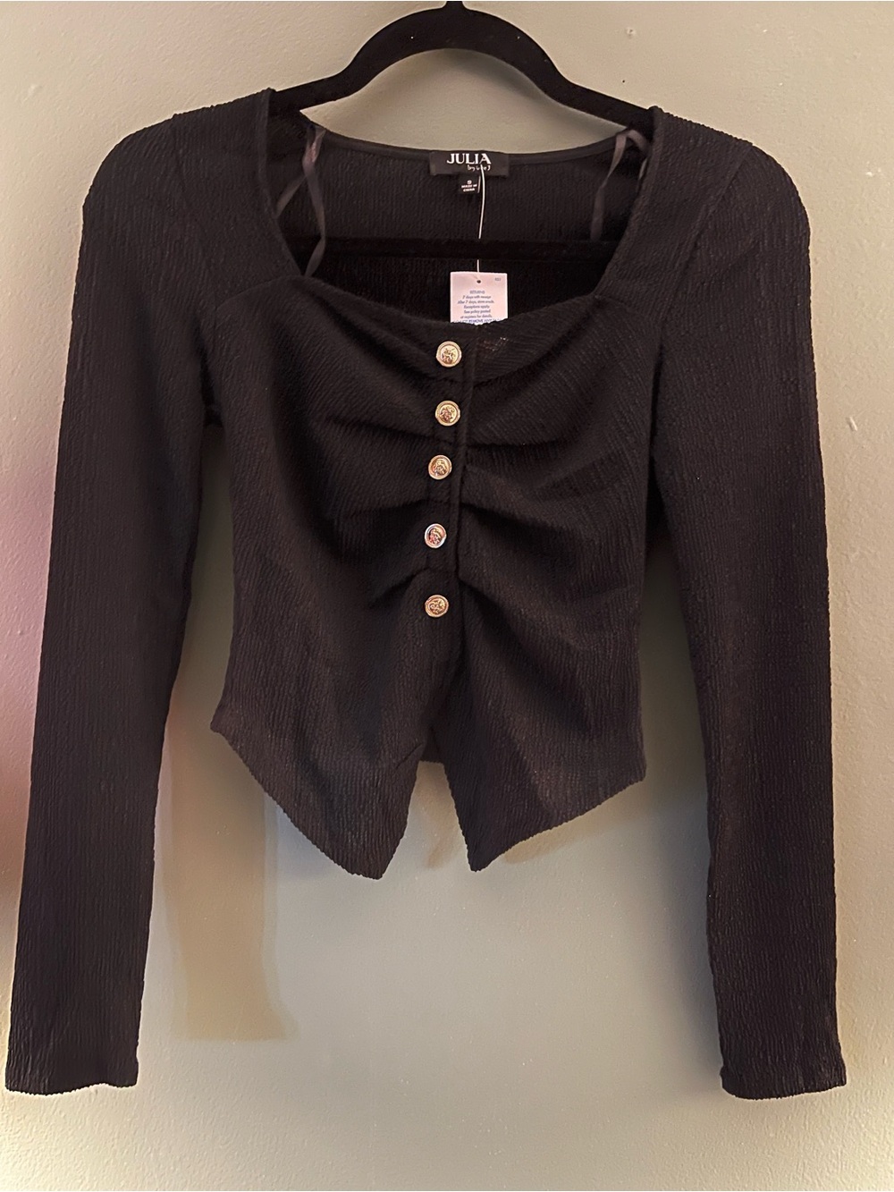 JULIA Black Long-Sleeve Ruched Button Front Top